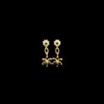 Dainty Black Stone Floral Drop Gold Earrings