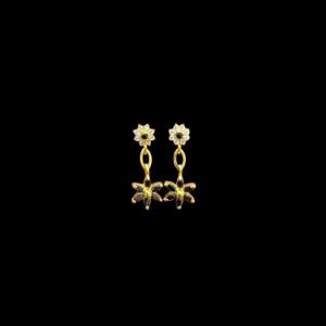 Dainty Black Stone Floral Drop Gold Earrings