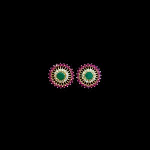 Regal Emerald Ruby & Diamond Sunburst Gold Stud Earrings