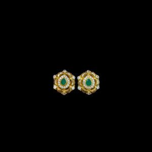 Elegant Emerald & Diamond Hexagon Gold Stud Earrings