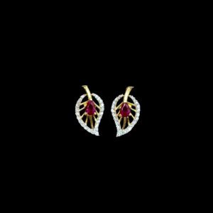 Regal Ruby & Diamond Leaf Gold Stud Earrings