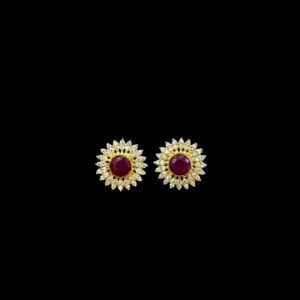 Regal Ruby & Diamond Sunburst Gold Stud Earrings
