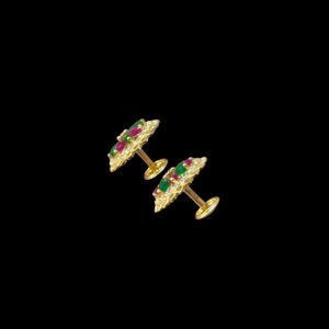 Regal Ruby & Emerald Floral Diamond Gold Stud Earrings