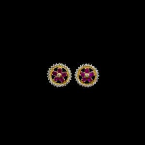 Regal Ruby Floral & Diamond Halo Gold Stud Earrings