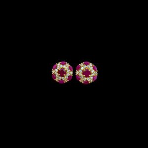 Grand Ruby & Diamond Round Cluster Gold Stud Earrings