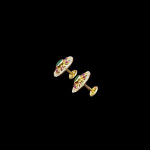 Regal Emerald Ruby & Diamond Pinwheel Gold Stud Earrings