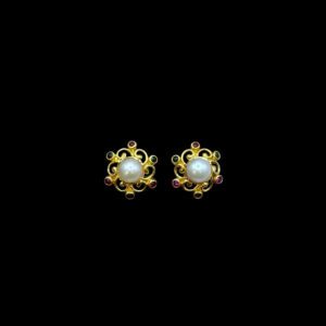 Heritage Pearl, Ruby & Emerald Scroll Stud Earrings