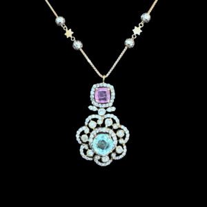 Ethereal Pink & Aqua Stone Silver Beaded Pendant Necklace