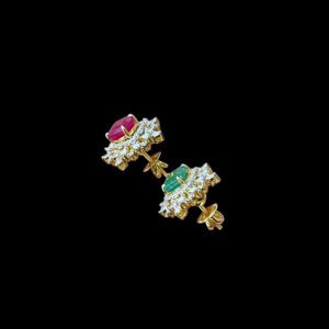 Elegant Ruby & Emerald Double Halo Stud Earrings
