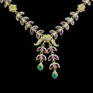 Regal Ruby & Emerald Leaf Gold Necklace
