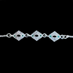 Ornate Green Diamond-Link Silver Bolo Bracelet