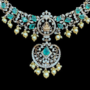 Divine Lakshmi Aqua & Diamond Temple Necklace