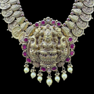 Ornate Lakshmi Oxidised Silver Pearl Haram