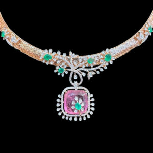 Graceful Pink Tourmaline & Emerald Diamond Necklace