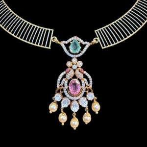 Elegant Pink Sapphire & Pearl Drop Bar Necklace