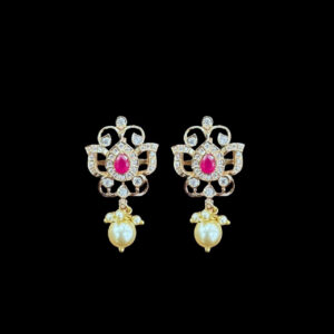 Elegant Ruby & Diamond Lotus Pearl Drop Studs
