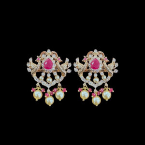 Regal Ruby & Diamond Peacock Stud Earrings with Pearls