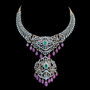 Majestic Diamond Emerald & Ruby Peacock Bridal Necklace