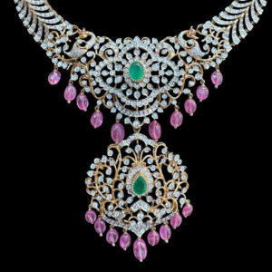 Majestic Diamond Emerald & Ruby Peacock Bridal Necklace