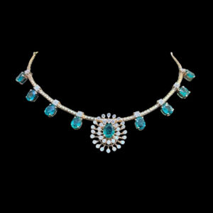 Ethereal Blue Green Stone & Diamond Sunburst Necklace