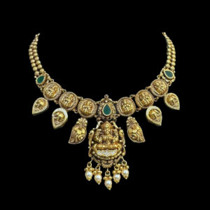 Divine Lakshmi Antique Gold Coin Necklace with Emerald Beads