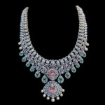 Majestic Diamond Emerald & Pink Bridal Necklace with Pearls