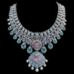 Majestic Diamond Emerald & Pink Bridal Necklace with Pearls