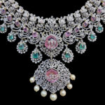 Majestic Diamond Emerald & Pink Bridal Necklace with Pearls