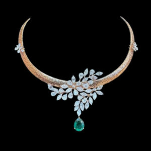 Ethereal Rose Gold Diamond Leaf Vine Necklace with Emerald Drop