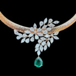 Ethereal Rose Gold Diamond Leaf Vine Necklace with Emerald Drop