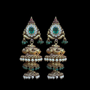 Divine Emerald Antique Gold Layered Jhumka Earrings