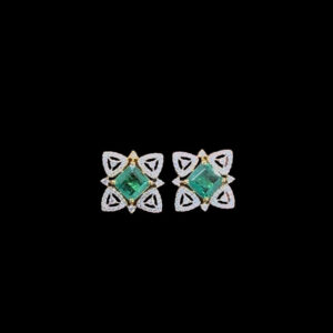 Radiant Emerald & Diamond Floral Square Stud Earrings