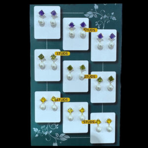 Elegant Green & Yellow Square Stone Pearl Drop Studs