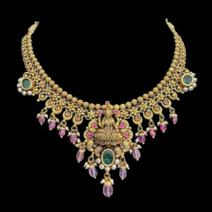 Divine Lakshmi Antique Gold Temple Necklace with Bead Drops