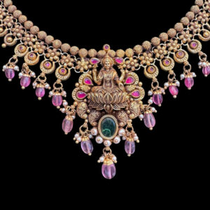 Divine Lakshmi Antique Gold Temple Necklace with Bead Drops
