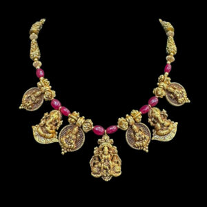 Divine Ganesha & Lakshmi Kasu Antique Gold Necklace