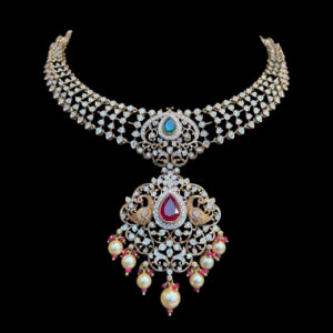 Regal Peacock Diamond & Ruby Antique Necklace