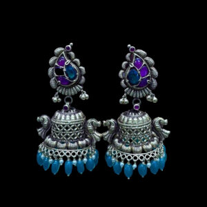 Regal Peacock Silver Jhumka Earrings