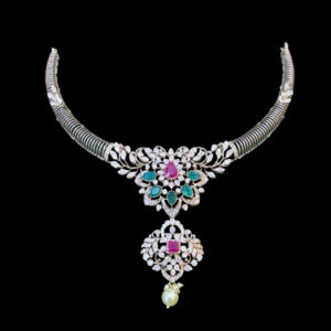 Regal Ruby & Emerald Diamond Necklace with Pearl Drop