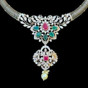 Regal Ruby & Emerald Diamond Necklace with Pearl Drop