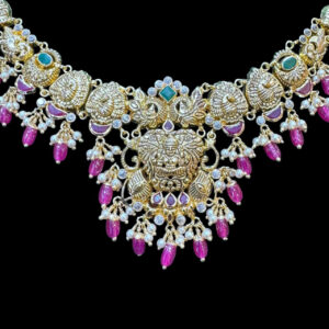 Divine Antique Gold Kirtimukha Temple Necklace with Ruby Drops