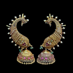 Regal Peacock Antique Gold Jhumka Ear Cuffs