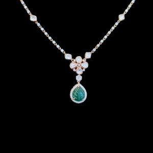 Elegant Carved Emerald & Diamond Drop Necklace