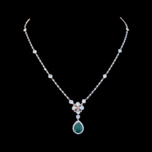 Elegant Carved Emerald & Diamond Drop Necklace
