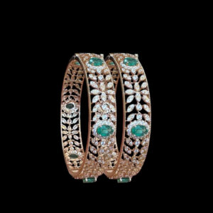 Ornate Emerald & Diamond Floral Bangles Pair
