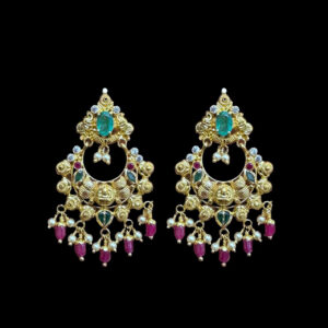 Divine Lakshmi Antique Gold Emerald & Pearl Chandbali Earrings