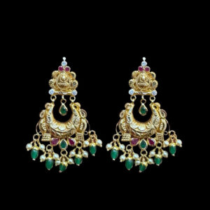Divine Lakshmi Antique Gold Emerald Chandbali Earrings