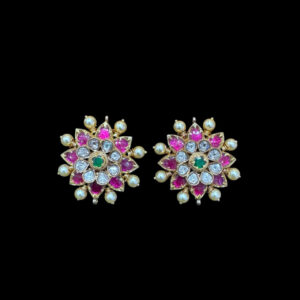 Ornate Ruby, Diamond & Pearl Floral Stud Earrings