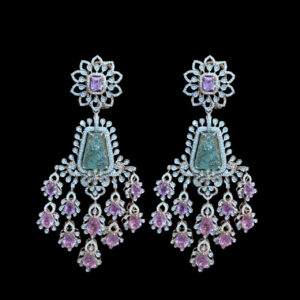 Grand Carved Emerald & Pink Drop Diamond Chandelier Earrings