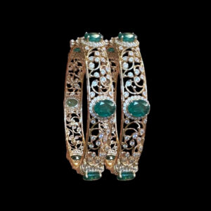 Ornate Emerald & Diamond Rose Gold Bangles Pair